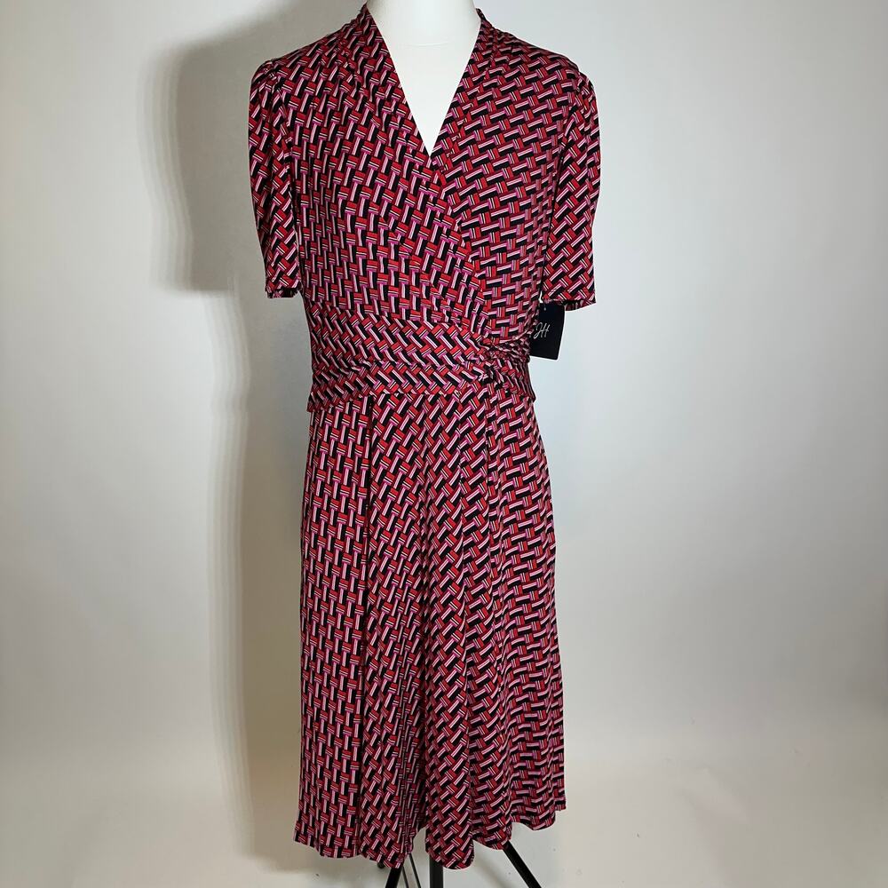 NWT JH Red Pink Geometric Puff Sleeve Faux Wrap Midi Dress Womens Petite Sze 14P